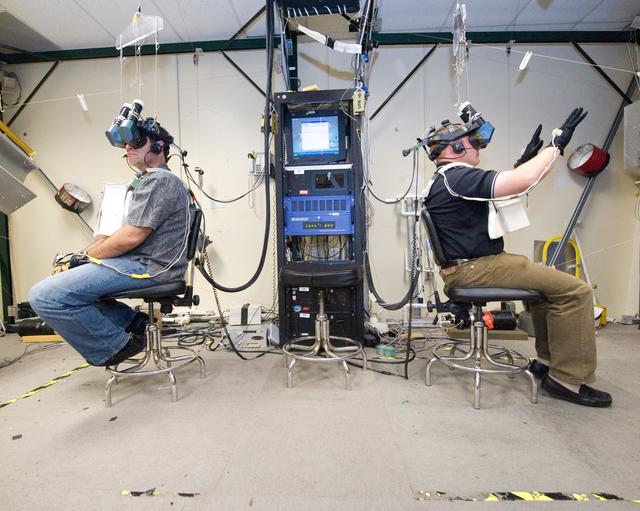 NASA image: STS-134 crew in Virtual Reality Lab during their MSS/EVAA SUPT2 Team training  