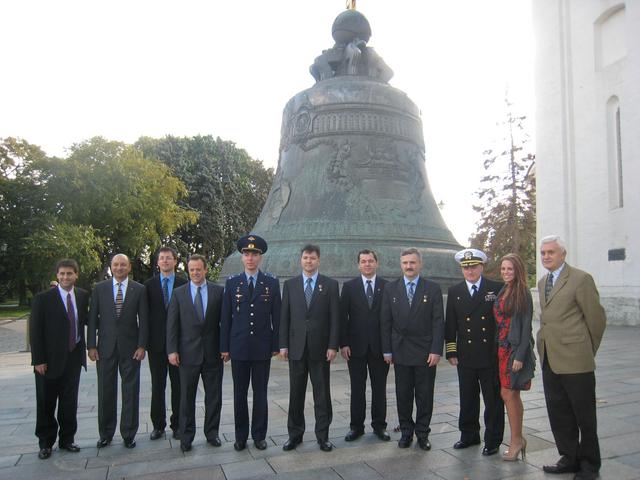 JSC2010-E-132985 (17 Sept. 2010)  --- In front of the Tsar Bell at the Kremlin in Moscow, Expedition 25 prime and backup crew members were joined by NASA officials and friends as they posed for pictures as part of ceremonial activities leading to the launch of the Expedition 25 crew in the Soyuz TMA-01M spacecraft from the Baikonur Cosmodrome in Kazakhstan Oct.  8 (Kazakhstan time).  Among those at the Kremlin were NASA astronaut Ron Garan (fourth from left), backup flight engineer;  Soyuz commander Sergei Volkov (fifth from left), Oleg Kononenko (sixth from left),  backup flight engineer;  Oleg Skripochka (fifth from the right), Expedition 25 prime flight engineer prime Soyuz commander Alexander Kaleri (fourth from the right) and NASA astronaut Scott Kelly (third from the right), flight engineer. Photo credit: Stephanie Stoll/NASA