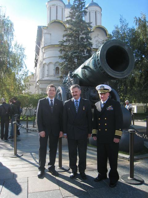 JSC2010-E-132986 (17 Sept. 2010) --- Russian cosmonauts Oleg Skripochka (left), Expedition 25 flight engineer, and Alexander Kaleri (center), Soyuz commander, along with NASA astronaut Scott Kelly (right), flight engineer, pose for pictures in front of the Tsar Cannon at the Kremlin in Moscow Sept. 17, 2010 as part of the ceremonial activities leading to their launch Oct. 8 (Kazakhstan time) in the Soyuz TMA-01M spacecraft for a 5 ? month stay on the International Space Station. Photo credit: Stephanie Stoll/NASA