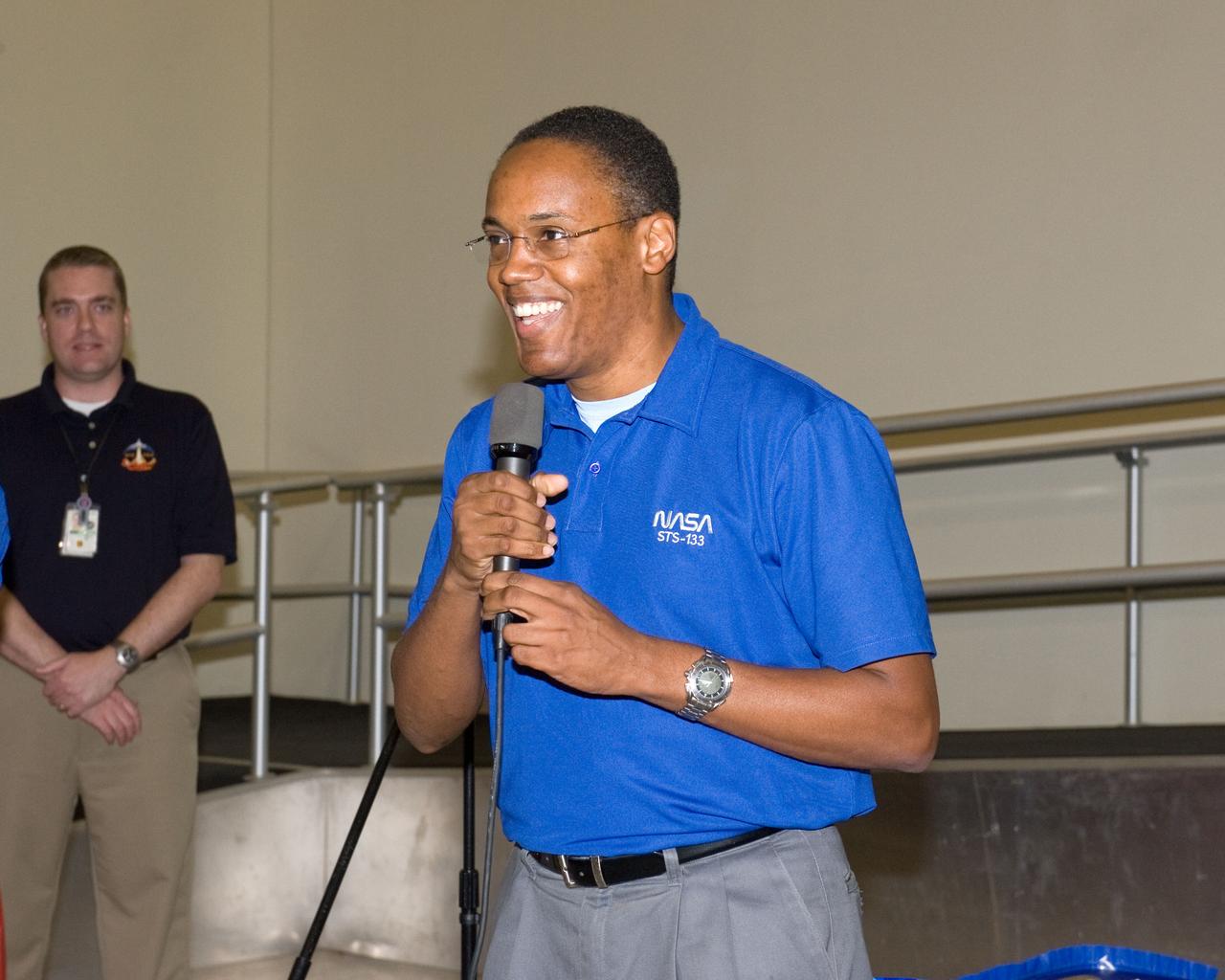 JSC2010-E-164860 (20 Sept. 2010) --- NASA astronaut Alvin Drew, STS-133 mission specialist, speaks to a crowd during a cake-cutting ceremony in the Jake Garn Simulation and Training Facility at NASA's Johnson Space Center. Photo credit: NASA or National Aeronautics and Space Administration