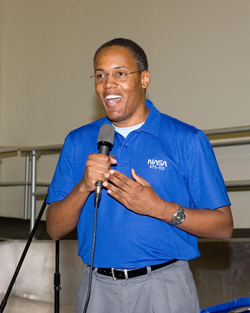 JSC2010-E-164861 (20 Sept. 2010) --- NASA astronaut Alvin Drew, STS-133 mission specialist, speaks to a crowd during a cake-cutting ceremony in the Jake Garn Simulation and Training Facility at NASA's Johnson Space Center. Photo credit: NASA or National Aeronautics and Space Administration
