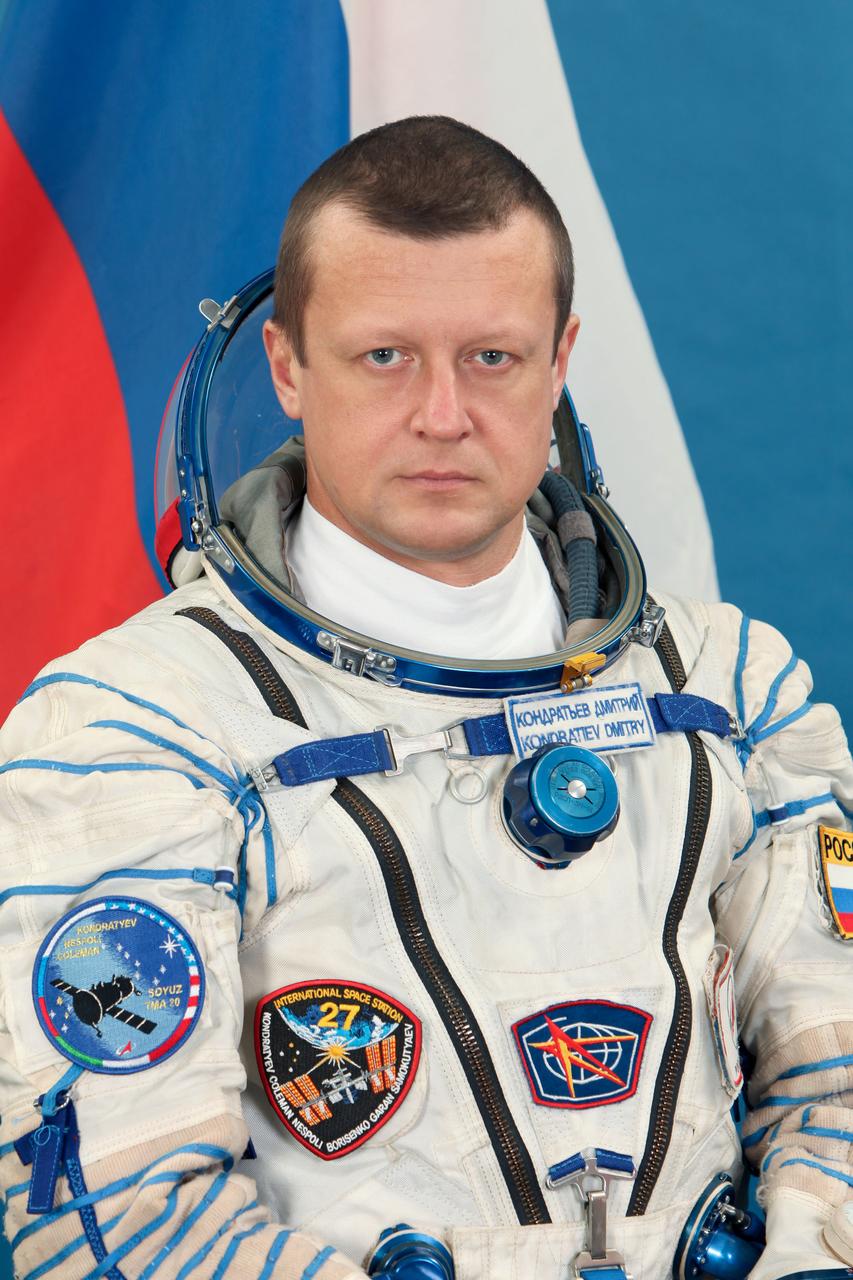 JSC2010-E-185685 (8 Nov. 2010) --- Russian cosmonaut Dmitry Kondratyev, Expedition 26 flight engineer and Expedition 27 commander, attired in a Russian Sokol launch and entry suit, takes a break from training in Star City, Russia to pose for a portrait. Photo credit: Gagarin Cosmonaut Training Center
