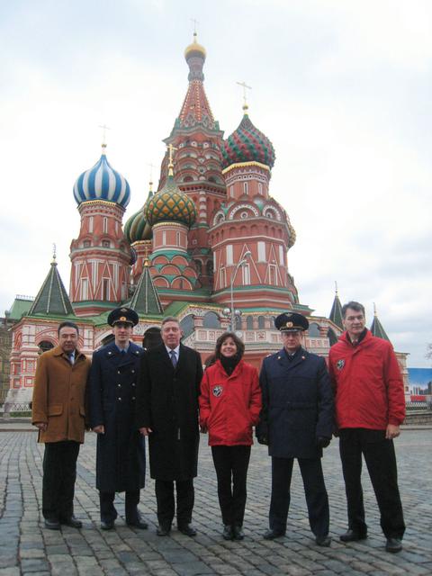 In front of St. Basil’s Cathedral at Red Square in Moscow Nov. 26, 2010, Expedition 26 prime and backup crew members posed for pictures as part of ceremonial activities leading to the launch of the Expedition 26 crew in the Soyuz TMA-20 spacecraft from the Baikonur Cosmodrome in Kazakhstan Dec. 16 (Kazakhstan time). Among those at the Kremlin were JAXA astronaut Satoshi Furukawa (left), backup flight engineer and backup Soyuz commander Anatoly Ivanishin (second from left), NASA’s Mike Fossum (third from left), backup flight engineer; NASA’s Cady Coleman (fourth from left), Expedition 26 prime flight engineer, prime Soyuz commander Dmitry Kondratyev (fifth from left) and European Space Agency astronaut Paolo Nespoli (far right), prime flight engineer.   Credit: NASA/Stephanie Stoll 