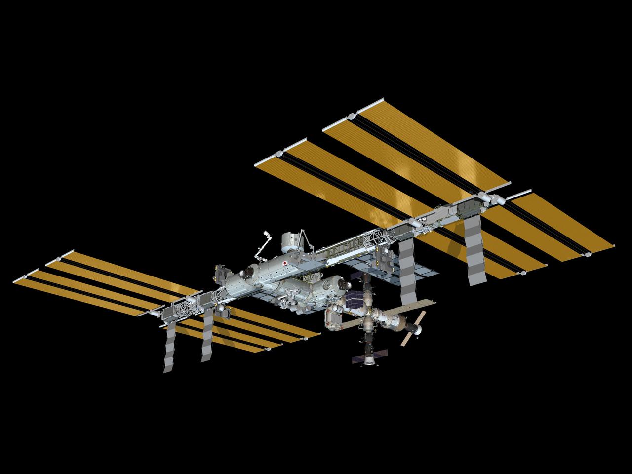 JSC2010-E-188990 (November 2010) --- Computer-generated artist?s rendering of the International Space Station as of Nov. 24, 2010. Soyuz 23 (TMA-19) undocks from the Rassvet Mini-Research Module 1 (MRM1), returning Expedition 25 crew members (Wheelock, Walker, Yurchikhin) to Earth. Progress 40 resupply vehicle is docked to the Pirs Docking Compartment. Progress 39 resupply vehicle remains docked to the Zvezda Service Module?s aft port and Soyuz 24 (TMA-01M) is linked to the Poisk Mini-Research Module 2 (MRM2). Photo credit: NASA or National Aeronautics and Space Administration