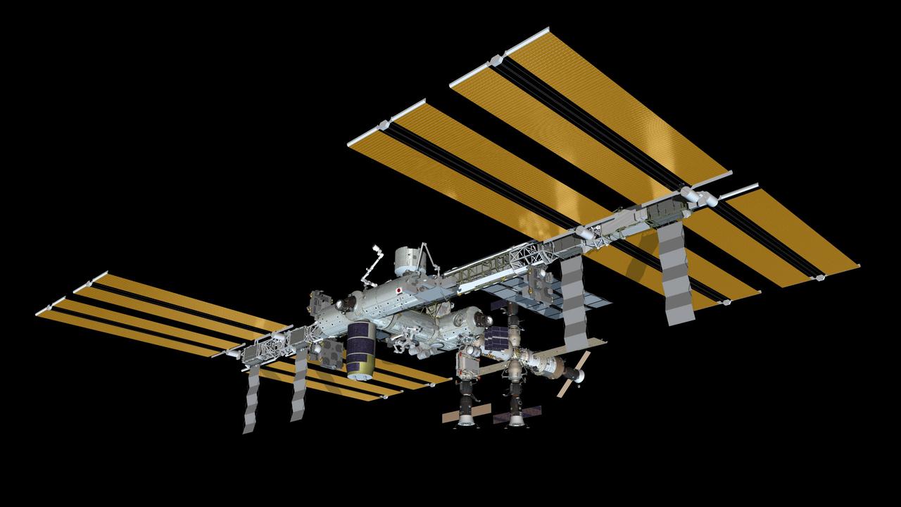 JSC2011-E-013463 (January 2011) --- Computer-generated artist?s rendering of the International Space Station as of Jan. 29, 2011. Progress 41 resupply vehicle docks to the Pirs Docking Compartment. The Japanese Kounotori2 H-II Transfer Vehicle (HTV2) is berthed to the Harmony node?s nadir port. Soyuz 25 (TMA-20) is docked to the Rassvet Mini-Research Module 1 (MRM1). Progress 39 resupply vehicle remains docked to the Zvezda Service Module?s aft port and Soyuz 24 (TMA-01M) is linked to the Poisk Mini-Research Module 2 (MRM2). Photo credit: NASA or National Aeronautics and Space Administration