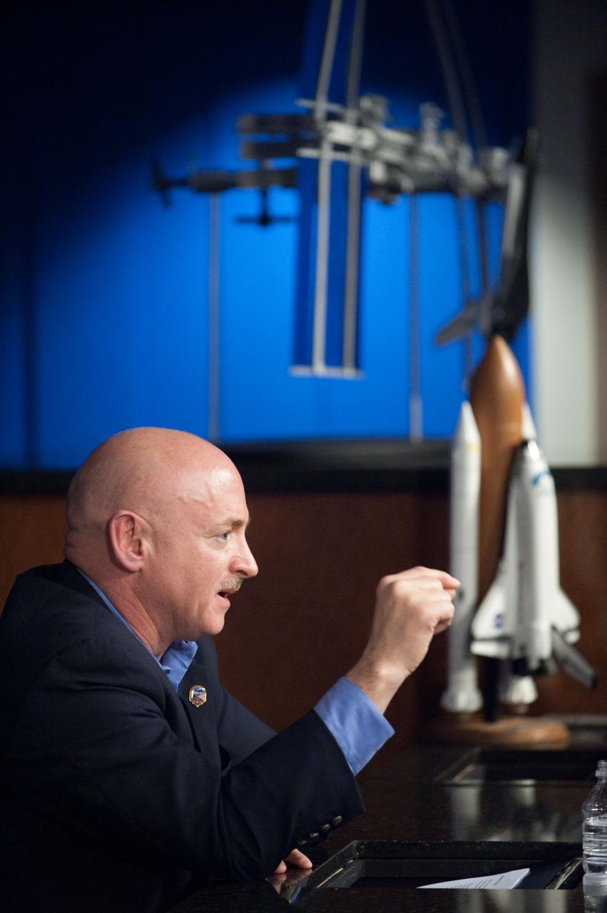 JSC2011-E-015244  (4 Feb. 2011) --- NASA astronaut Mark Kelly, STS-134 commander, speaks to reporters during a news conference at NASA's Johnson Space Center. The briefing was held to discuss Kelly resuming training as the STS-134 shuttle mission commander. With the exception of some proficiency training, Kelly has been on personal leave since Jan. 8 to care for his wife, congresswoman Gabrielle Giffords, who was critically wounded in a Tucson, Ariz. shooting. Photo credit: NASA or National Aeronautics and Space Administration