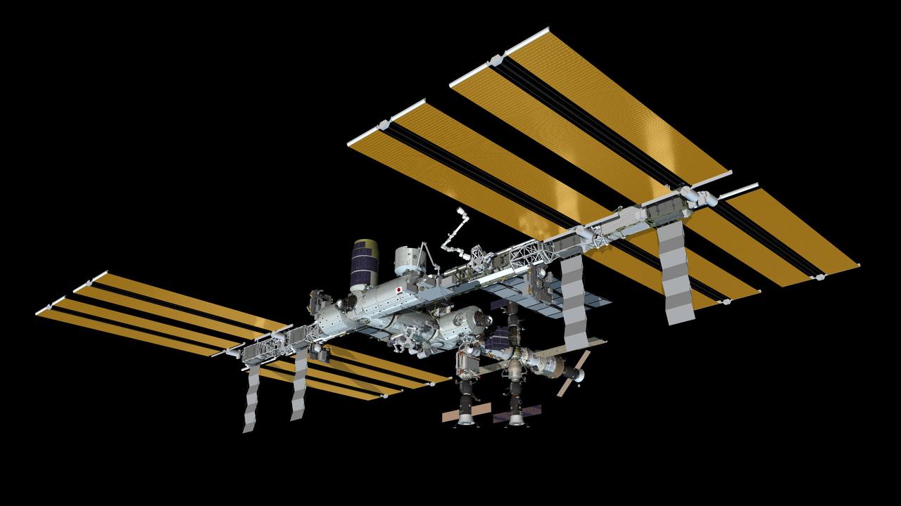 JSC2011-E-016181 (February 2011) --- Computer-generated artist?s rendering of the International Space Station as of Feb. 18, 2011. The Japanese Kounotori2 H-II Transfer Vehicle (HTV2) relocates to the Harmony node?s zenith port in preparation for the arrival of STS-133. Progress 41 resupply vehicle is docked to the Pirs Docking Compartment. Soyuz 25 (TMA-20) is docked to the Rassvet Mini-Research Module 1 (MRM1). Progress 39 resupply vehicle remains docked to the Zvezda Service Module?s aft port and Soyuz 24 (TMA-01M) is linked to the Poisk Mini-Research Module 2 (MRM2). Photo credit: NASA or National Aeronautics and Space Administration