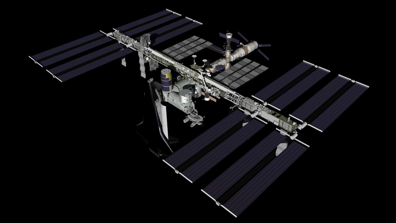 JSC2011-E-016370 (March 2011) --- Computer-generated artist?s rendering of the International Space Station as of March 2011, during which space shuttle Discovery (STS-133/ULF5) delivers the ExPRESS Logistics Carrier 4 (ELC4) and Permanent Multi-Purpose Module (PMM). European Space Agency's ?Johannes Kepler? Automated Transfer Vehicle-2 (ATV2) is docked to the Zvezda Service Module?s aft port. The Japanese Kounotori2 H-II Transfer Vehicle (HTV2) is linked to the Harmony node?s zenith port. Photo credit: NASA or National Aeronautics and Space Administration