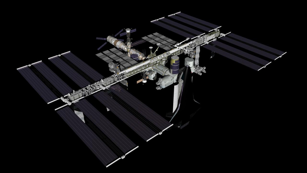 JSC2011-E-016371 (March 2011) --- Computer-generated artist?s rendering of the International Space Station as of March 2011, during which space shuttle Discovery (STS-133/ULF5) delivers the ExPRESS Logistics Carrier 4 (ELC4) and Permanent Multi-Purpose Module (PMM). European Space Agency's ?Johannes Kepler? Automated Transfer Vehicle-2 (ATV2) is docked to the Zvezda Service Module?s aft port. The Japanese Kounotori2 H-II Transfer Vehicle (HTV2) is linked to the Harmony node?s zenith port. Photo credit: NASA or National Aeronautics and Space Administration