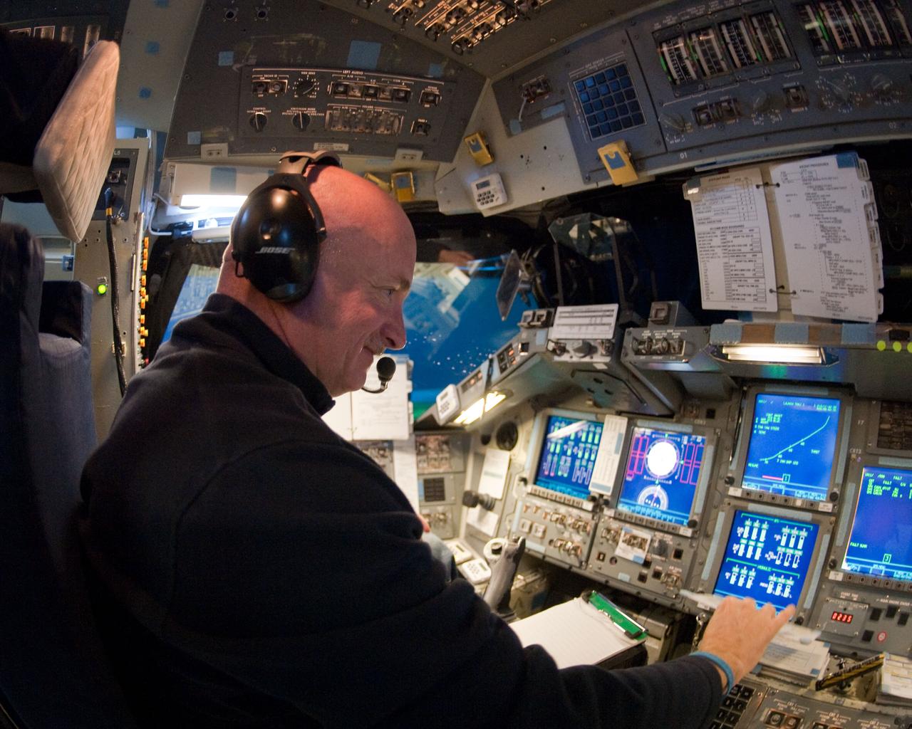 JSC2011-E-016868 (11 Feb. 2011) --- NASA astronaut Mark Kelly, STS-134 commander, occupies the commander's station during a simulation exercise in the motion-base shuttle mission simulator in the Jake Garn Mission and Simulation Training Facility at NASA's Johnson Space Center. Photo credit: NASA or National Aeronautics and Space Administration