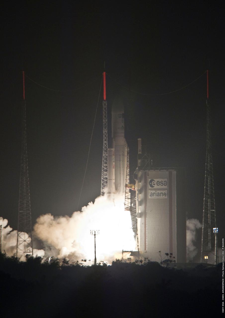 JSC2011-E-017489 (16 Feb. 2011) --- The Ariane 5 rocket is pictured just after lift off from Europe?s Spaceport in Kourou, French Guiana.   ESA?s second Automated Transfer Vehicle, Johannes Kepler, was just a short time earlier (21:50 GMT or 18:50 Kourou time on Feb. 16, 2011) launched toward its targeted low orbit and eventual link-up with the ISS. The unmanned supply ship is planned to deliver critical supplies and reboost the space station during its almost four-month mission.   Photo courtesy of ESA/Stephane Corvaja and P. Baudon
