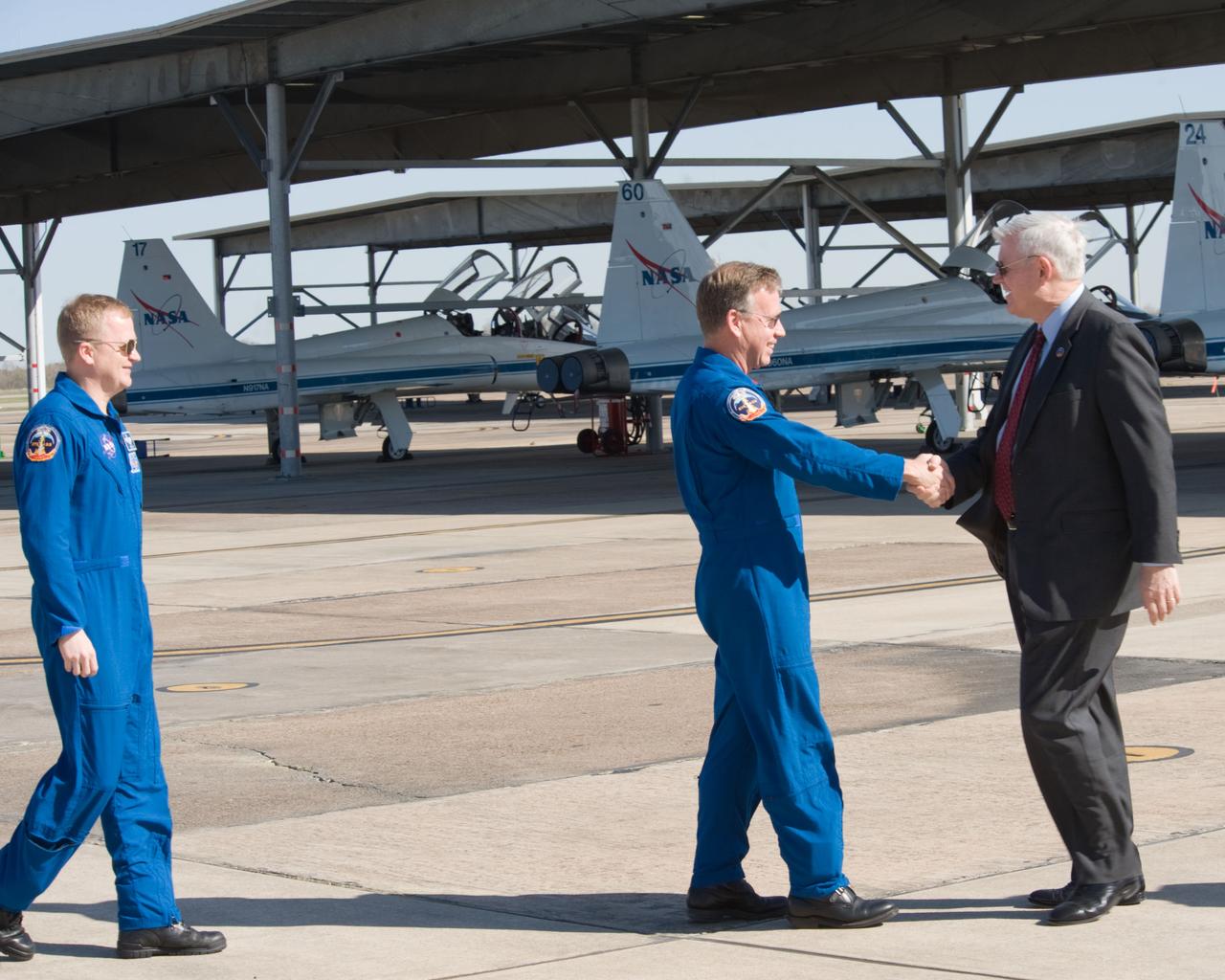 STS-133 crew return ceremony to Ellington Field.  Photo Date: March 10, 2011.  Location: Ellington Field - Hangar 276.  Photographer: Robert Markowitz.