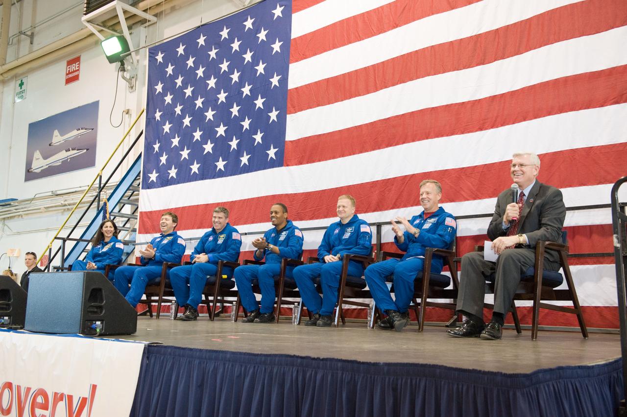 STS-133 crew return ceremony to Ellington Field.  Photo Date: March 10, 2011.  Location: Ellington Field - Hangar 276.  Photographer: Robert Markowitz.
