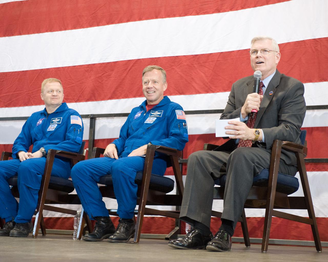 STS-133 crew return ceremony to Ellington Field.  Photo Date: March 10, 2011.  Location: Ellington Field - Hangar 276.  Photographer: Robert Markowitz.