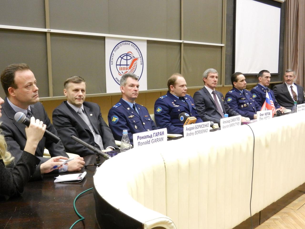 Expedition 27 prime crew members Ron Garan of NASA, and Russian cosmonauts Andrey Borisenko and Alexander Samokutyaev (far left), along with Expedition 27 backup crew members Anton Shklaperov, Anatoly Ivanishin and Daniel Burbank of NASA (far right), participate in a news conference held March 11, 2011 at the Gagarin Cosmonaut Training Center in Star City, Russia. Garan, Borisenko and Samokutyaev will launch in the Soyuz TMA-21 spacecraft from the Baikonur Cosmodrome in Kazakhstan March 30 (Kazakhstan time) for a 5 ½ month stay on the International Space Station. Photo credit: NASA/Stephanie Stoll