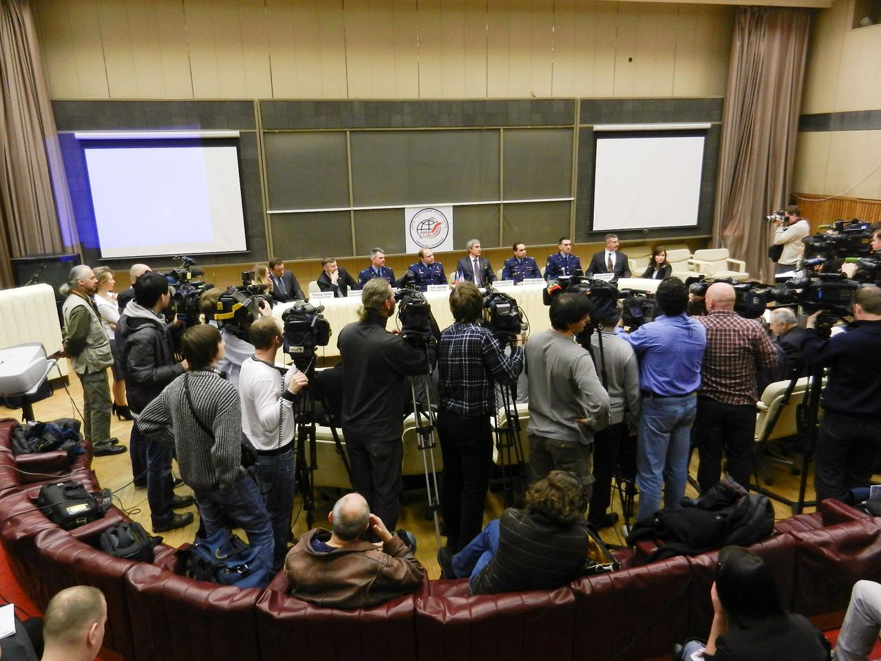 Expedition 27 prime crew members Ron Garan of NASA, and Russian cosmonauts Andrey Borisenko and Alexander Samokutyaev (far left), along with Expedition 27 backup crew members Anton Shklaperov, Anatoly Ivanishin and Daniel Burbank of NASA (far right), participate in a news conference held March 11, 2011 at the Gagarin Cosmonaut Training Center in Star City, Russia. Garan, Borisenko and Samokutyaev will launch in the Soyuz TMA-21 spacecraft from the Baikonur Cosmodrome in Kazakhstan March 30 (Kazakhstan time) for a 5 ½ month stay on the International Space Station. Photo credit: NASA/Stephanie Stoll