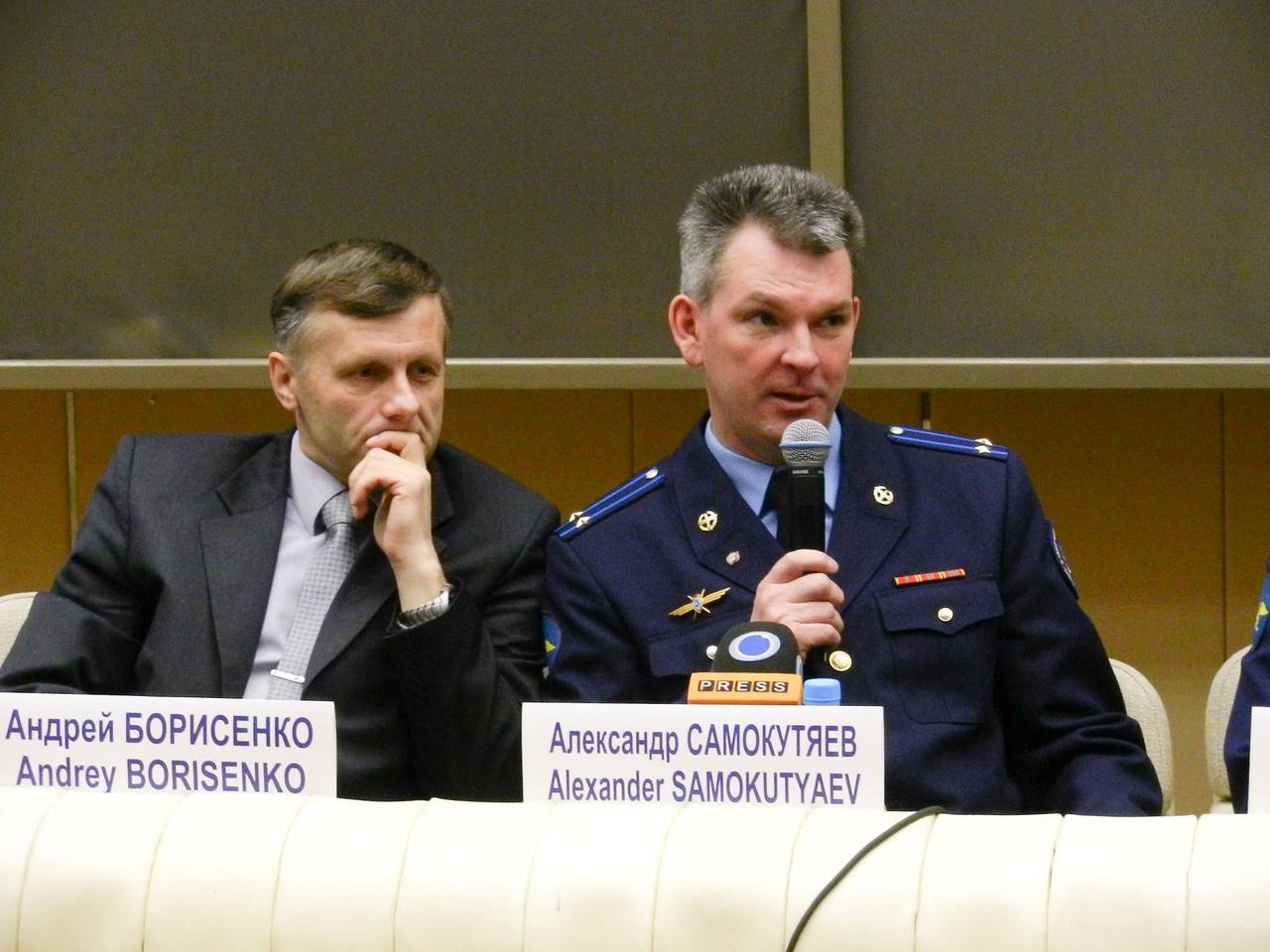 Expedition 27 Russian cosmonauts Andrey Borisenko and Alexander Samokutyaev participate in a news conference held March 11, 2011 at the Gagarin Cosmonaut Training Center in Star City, Russia. Garan, Borisenko and Samokutyaev will launch in the Soyuz TMA-21 spacecraft from the Baikonur Cosmodrome in Kazakhstan March 30 (Kazakhstan time) for a 5 ½ month stay on the International Space Station. Photo credit: NASA/Stephanie Stoll