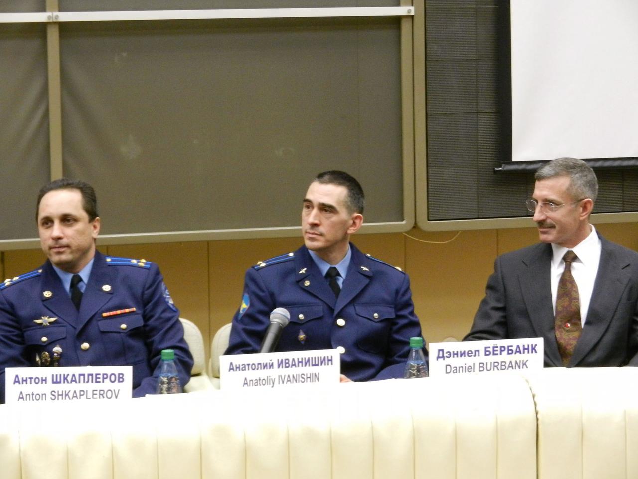 Expedition 27 backup crew members Anton Shklaperov,  Anatoly Ivanishin and Daniel Burbank of NASA (far right), participate in a news conference held March 11, 2011 at the Gagarin Cosmonaut Training Center in Star City, Russia. The prime crew of Ron Garan, Andrey Borisenko and Alexander Samokutyaev will launch in the Soyuz TMA-21 spacecraft from the Baikonur Cosmodrome in Kazakhstan March 30 (Kazakhstan time) for a 5 ½ month stay on the International Space Station. Photo credit: NASA/Stephanie Stoll