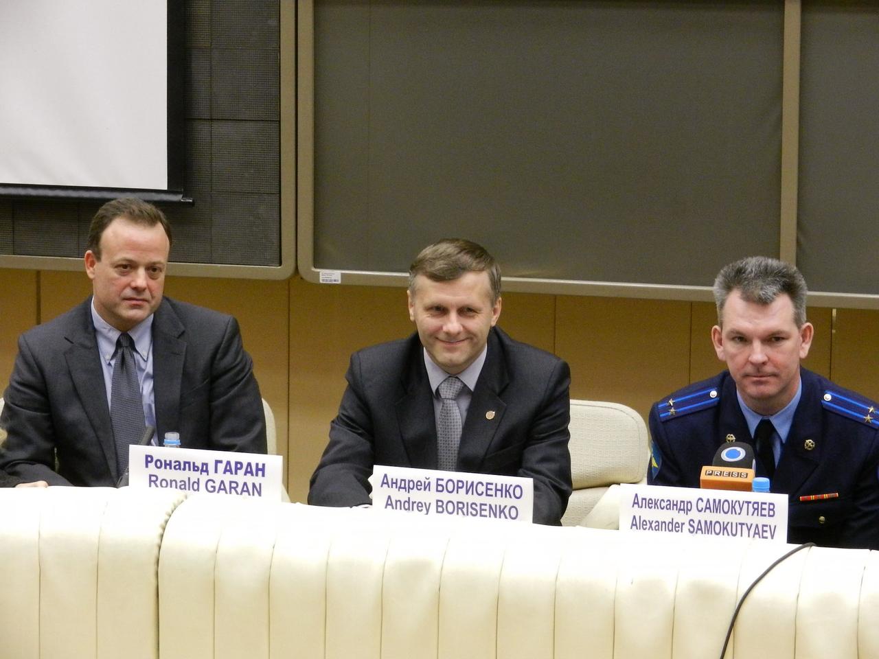Expedition 27 prime crew members Ron Garan of NASA, and Russian cosmonauts Andrey Borisenko and Alexander Samokutyaev participate in a news conference held March 11, 2011 at the Gagarin Cosmonaut Training Center in Star City, Russia. Garan, Borisenko and Samokutyaev will launch in the Soyuz TMA-21 spacecraft from the Baikonur Cosmodrome in Kazakhstan March 30 (Kazakhstan time) for a 5 ½ month stay on the International Space Station. Photo credit: NASA/Stephanie Stoll