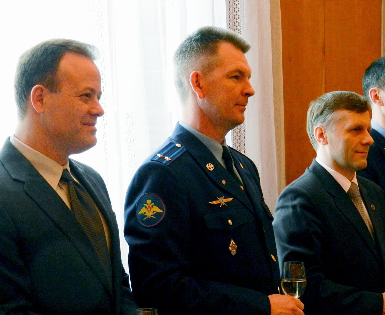 At the Gagarin Cosmonaut Training Center in Star City, Russia, the Expedition 27 prime crew members participate in a ceremonial breakfast March 21, 2011 prior to their departure for their launch site at the Baikonur Cosmodrome in Kazakhstan. From left to right are prime crew members Ron Garan of NASA, Soyuz commander Alexander Samokutyaev, and Flight Engineer Andrey Borisenko, Garan, Samokutyaev and Borisenko are scheduled to launch April 5 ( Kazakhstan time) on the Soyuz TMA-21 spacecraft to the International Space Station. Photo credit: NASA/Stephanie Stoll
