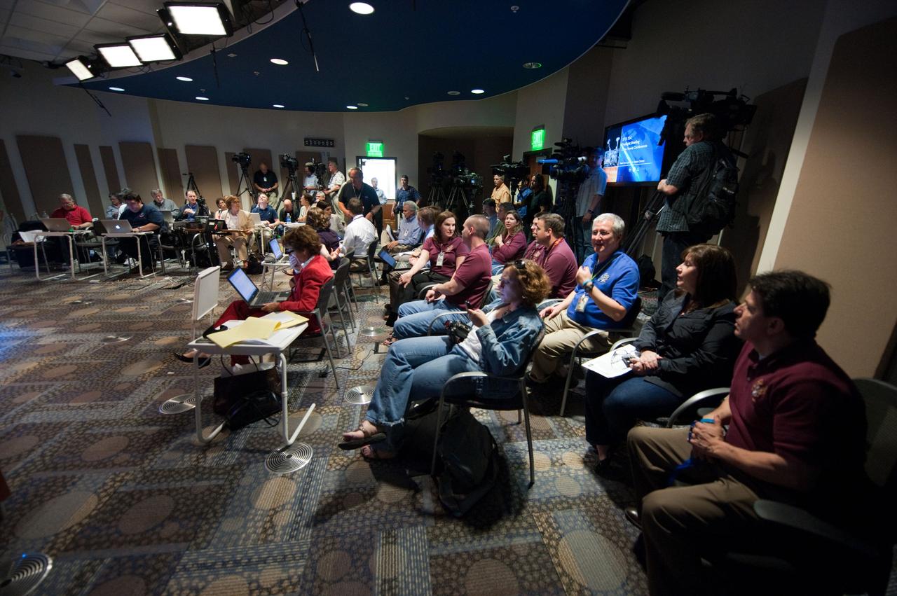 JSC2011-E-028487 (24 March 2011) --- News media representatives are pictured during an STS-134 preflight press conference at NASA's Johnson Space Center. Photo credit: NASA or National Aeronautics and Space Administration
