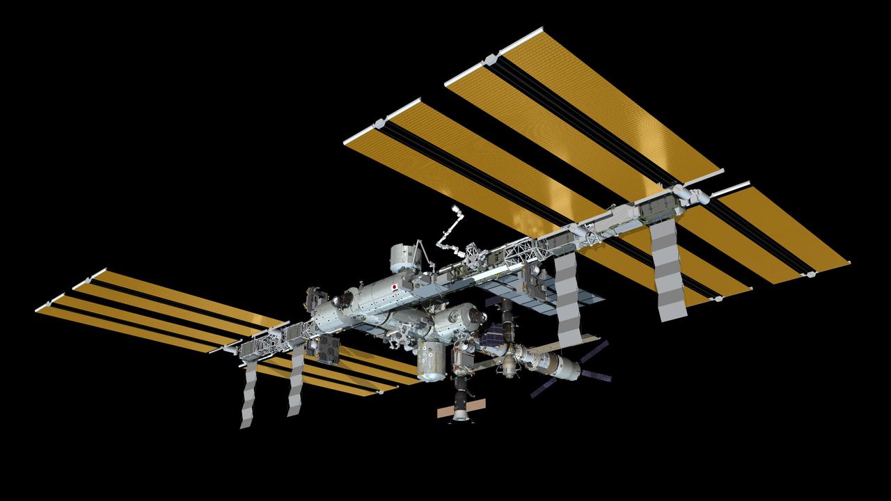 JSC2011-E-037288 (April 2011) --- Computer-generated artist?s rendering of the International Space Station as of April 22, 2011. Progress 41 resupply vehicle undocks from the Pirs Docking Compartment. Soyuz 26 (TMA-21) is docked to the Poisk Mini-Research Module 2 (MRM2) and Soyuz 25 (TMA-20) remains linked to the Rassvet Mini-Research Module 1 (MRM1). The European Space Agency's ?Johannes Kepler? Automated Transfer Vehicle-2 (ATV2) is attached to the Zvezda Service Module?s aft port. Photo credit: NASA