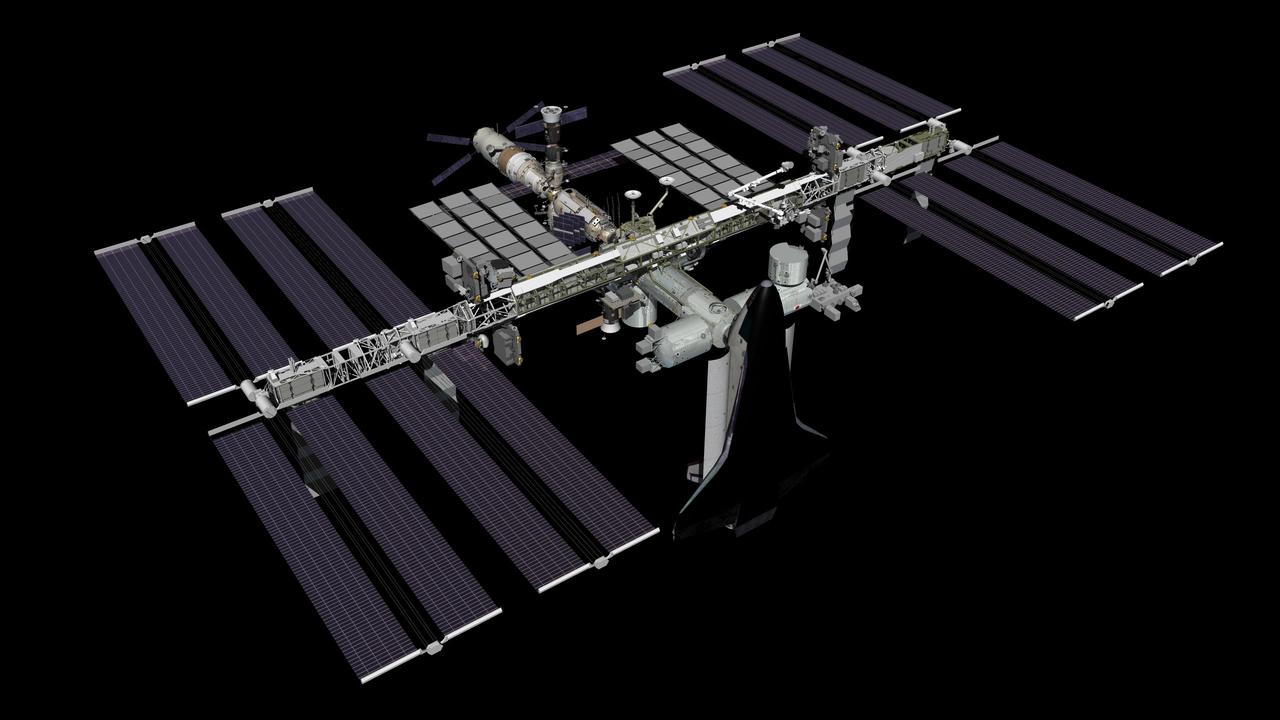 JSC2011-E-037292 (May 2011) --- Computer-generated artist?s rendering of the International Space Station as of May 19, 2011. STS-134 space shuttle Endeavour delivers the Express Logistics Carrier 3 (ELC3) and Alpha Magnetic Spectrometer (AMS) to the space station. This angle shows the starboard side of the orbiting complex. Photo credit: NASA