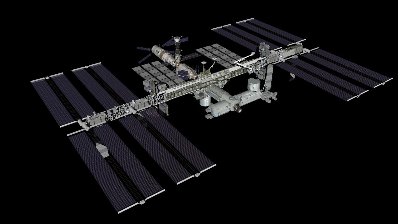 JSC2011-E-037293 (May 2011) --- Computer-generated artist?s rendering of the International Space Station as of May 30, 2011. STS-134 space shuttle Endeavour departs, leaving new hardware: the Express Logistics Carrier 3 (ELC3) and Alpha Magnetic Spectrometer (AMS); and installed the Orbiter Boom Sensor System (OBSS) on the S1 truss. This angle shows the starboard side of the orbiting complex. Photo credit: NASA