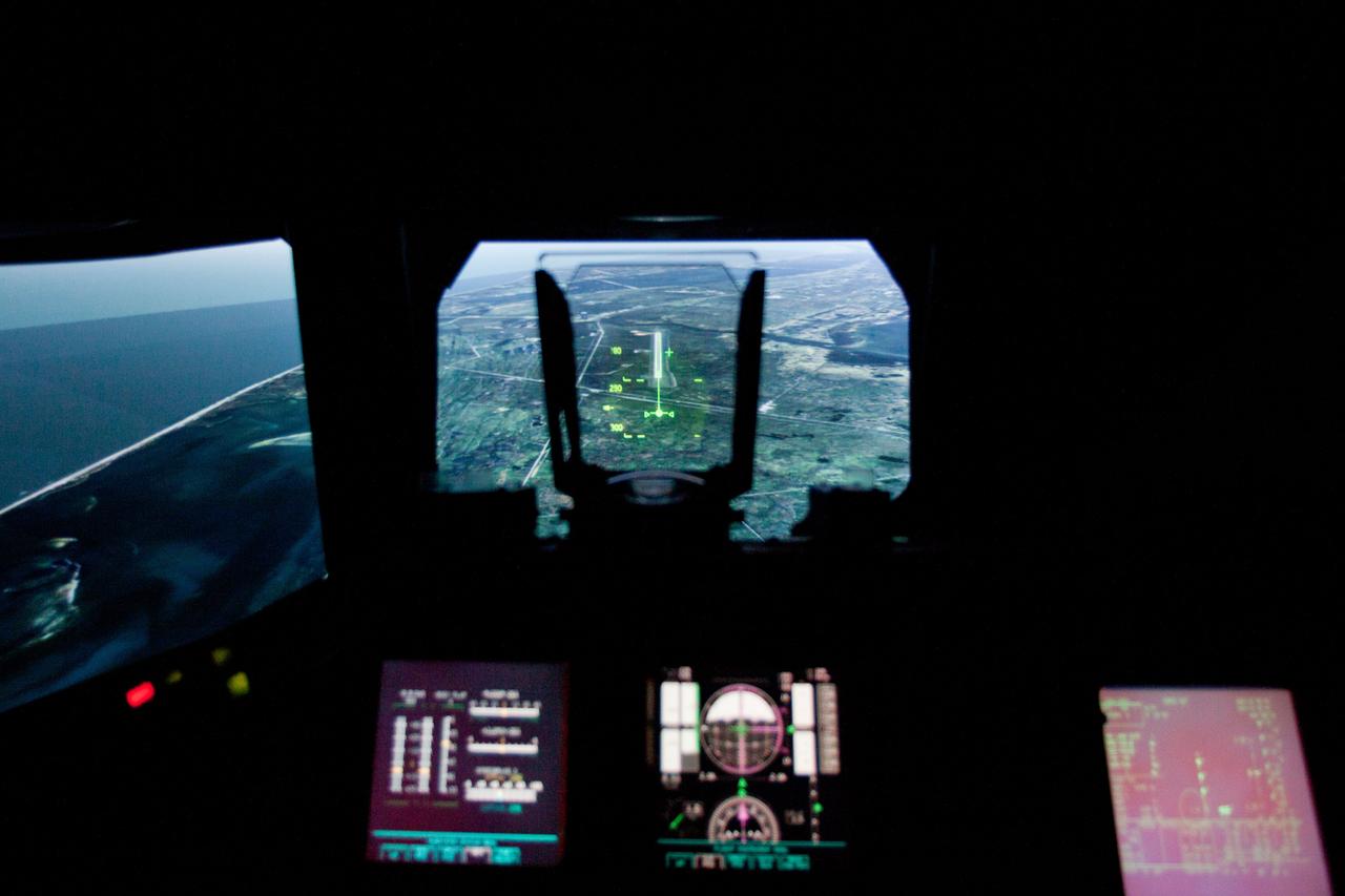 JSC2011-E-040200 (2 March 2011) --- The landing approach to the Kennedy Space Center is seen in a heads up display as the STS-135 crew trains in the Vertical Motion Simulator (VMS) at NASA's Ames Research Center in Mountain View, Calif., on March 2, 2011. Photo credit: NASA Photo/Houston Chronicle, Smiley N. Pool