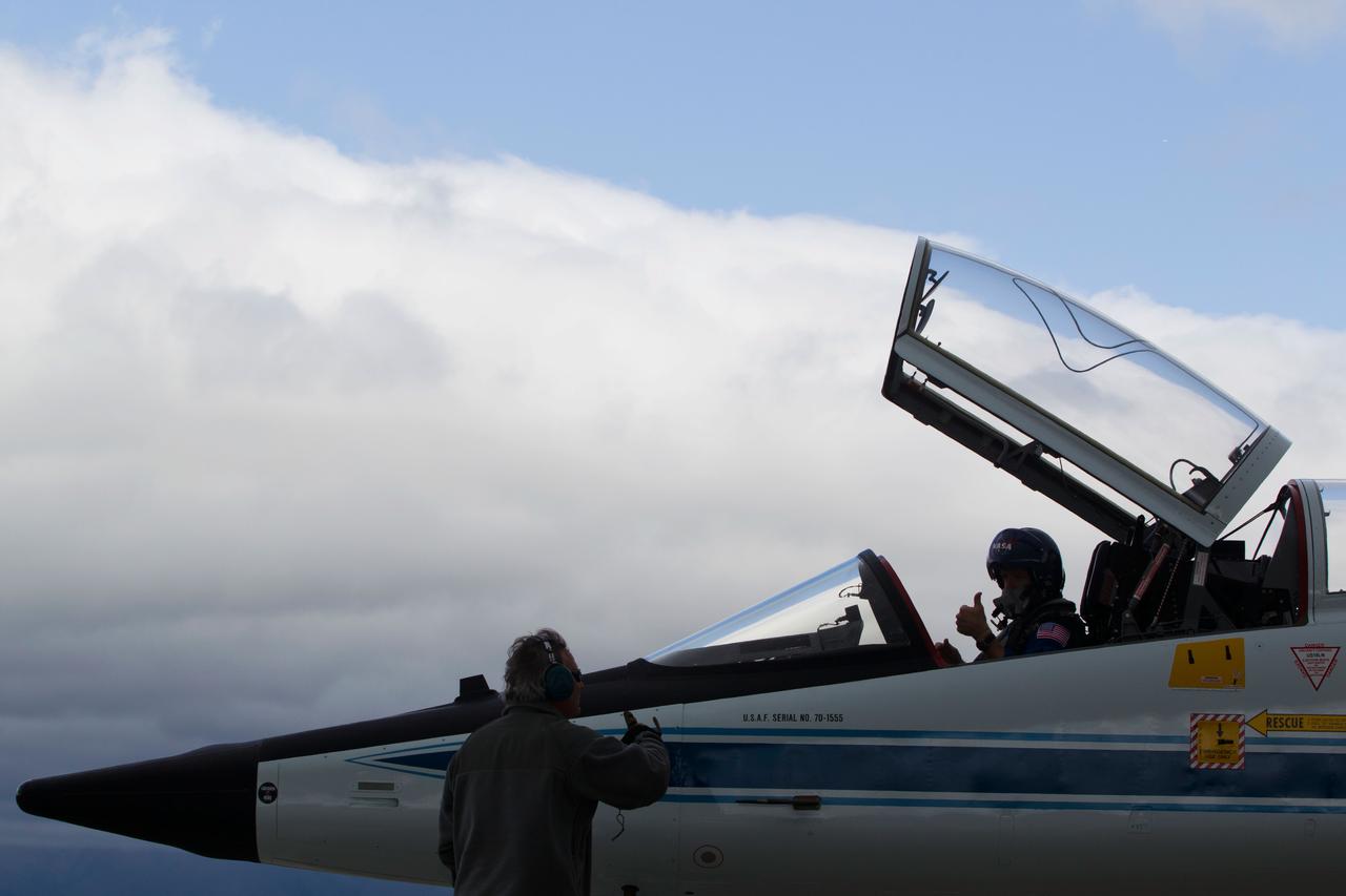 JSC2011-E-040204 (2 March 2011) --- NASA astronaut Chris Ferguson, STS-135 commander, prepares for departure from Moffett Field in a T-38 trainer home to Houston after the crew of STS-135 trained in the Vertical Motion Simulator (VMS) at NASA's Ames Research Center in Mountain View, Calif. on March 2, 2011,   Photo credit: NASA Photo/Houston Chronicle, Smiley N. Pool