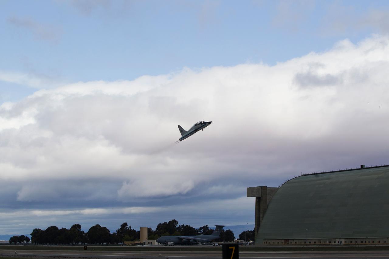 JSC2011-E-040205 (2 March 2011) --- A NASA T-38 jet trainer piloted by astronaut Chris Ferguson, STS-135 commander, takes off from Moffett Field in California for a flight home to Houston after Ferguson and his crew trained in the Vertical Motion Simulator (VMS) at NASA's Ames Research Center in Mountain View, March 2, 2011. Photo credit: NASA Photo/Houston Chronicle, Smiley N. Pool