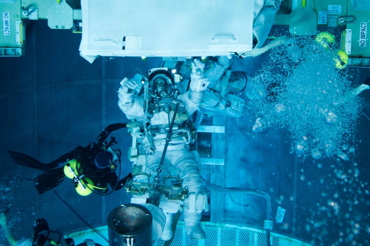 JSC2011-E-040218 (10 March 2011) --- NASA astronaut Rex Walheim, STS-135 mission specialist, is aided by divers as he works with astronaut Mike Fossum in a mock-up of the space shuttle's payload bay as the crew of STS-135 trains for a spacewalk in the Neutral Buoyancy Laboratory near NASA?s Johnson Space Center on March 10, 2011. Photo credit: NASA Photo/Houston Chronicle, Smiley N. Pool
