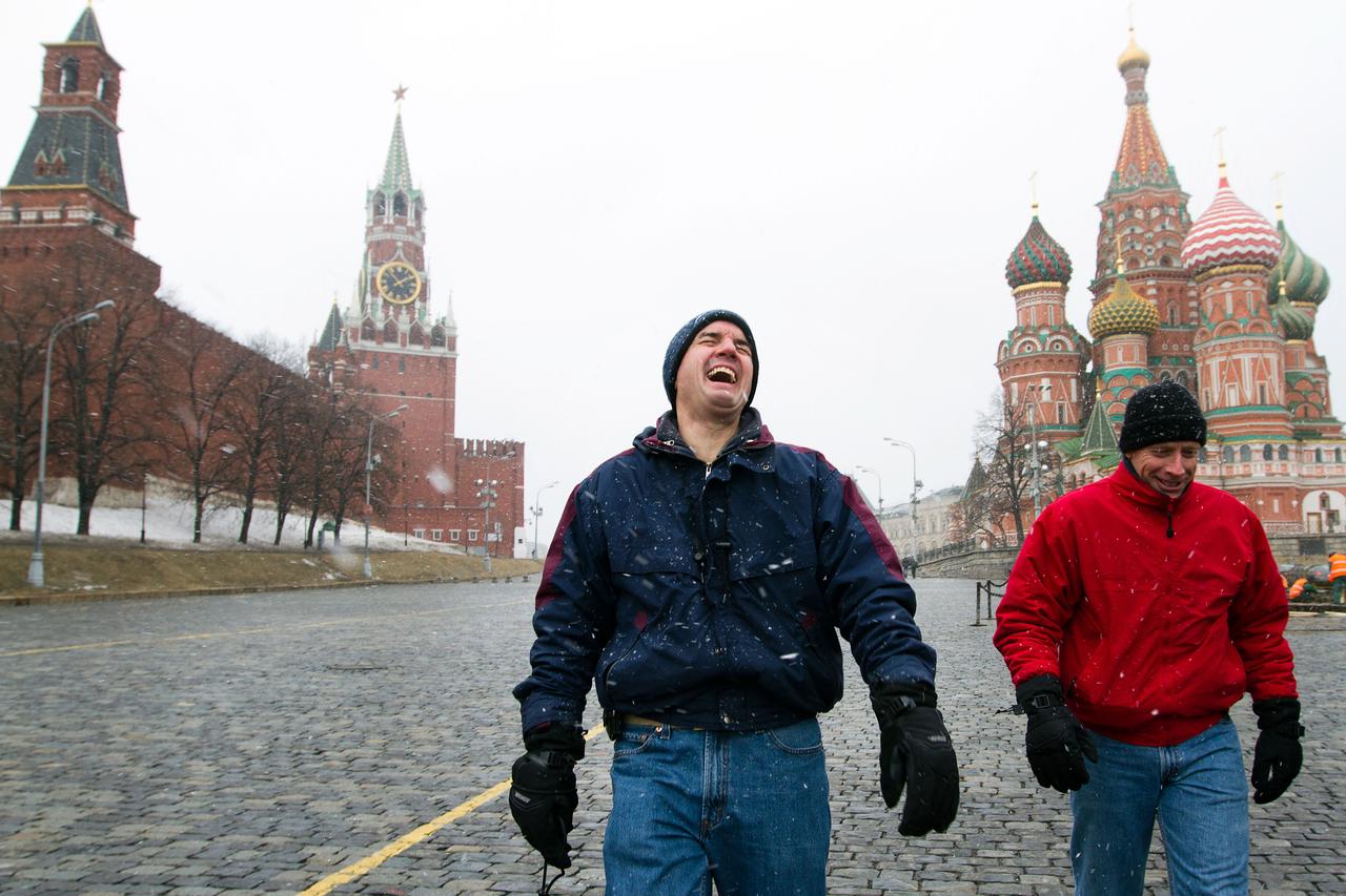 JSC2011-E-040332 (30 March 2011) --- NASA astronauts Rex Walheim and Chris Ferguson visit Red Square in Moscow on March 30, 2011.  The crew of the final shuttle mission traveled to Moscow for a suit fit check of their Russian Soyuz suits which would be required in the event of an emergency.   Photo credit:  NASA Photo/Houston Chronicle, Smiley N. Pool