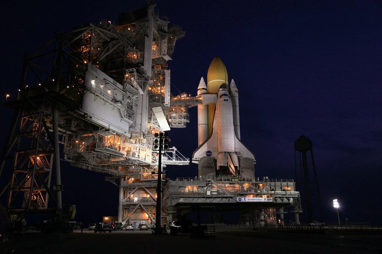 JSC2011-E-050263 (1 June 2011) --- Space shuttle Atlantis made its historic final journey to Launch Pad 39A after its 3.4 mile trek from NASA Kennedy Space Center's Vehicle Assembly Building. Atlantis was secured or "hard down," at its seaside launch pad at 3:29 a.m. (EDT) on June 1, 2011. The milestone move, known as "rollout," paves the way for the launch of the STS-135 mission to the International Space Station, targeted for July 8. STS-135 will be the 33rd flight of Atlantis, the 37th shuttle mission to the space station, and the 135th and final mission of NASA's Space Shuttle Program. Photo credit: NASA