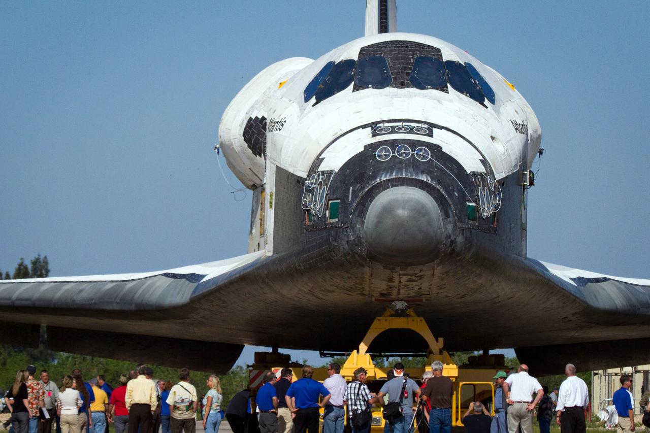 JSC2011-E-059415 (17 May 2011) --- The space shuttle Atlantis is moved from the Orbiter Processing Facility to the Vehicle Assembly Building at NASA?s Kennedy Space Center on May 17, 2011. The move,  known as rollover, is a milestone in the preparation for launch as the orbiter leaves its processing hangar to be prepped for its final flight.  Photo credit: NASA Photo/Houston Chronicle, Smiley N. Pool