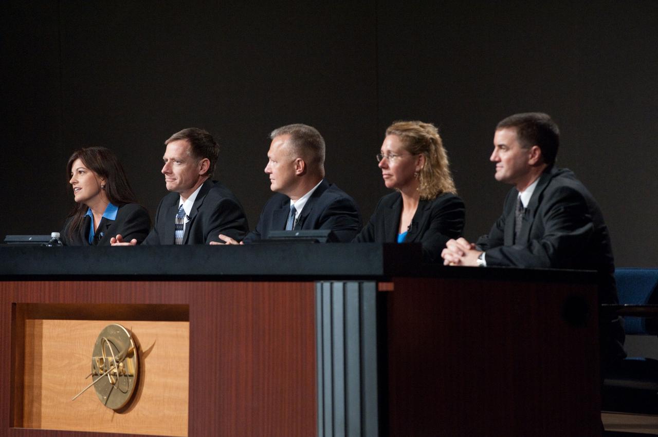 JSC2011-E-060412 (30 June 2011) --- The STS-135 crew members along with Public Affairs Office moderator Nicole Cloutier (left) are pictured during a preflight press conference at NASA's Johnson Space Center. From the second left are NASA astronauts Chris Ferguson, commander; Doug Hurley, pilot; Sandy Magnus and Rex Walheim, both mission specialists. Photo credit: NASA