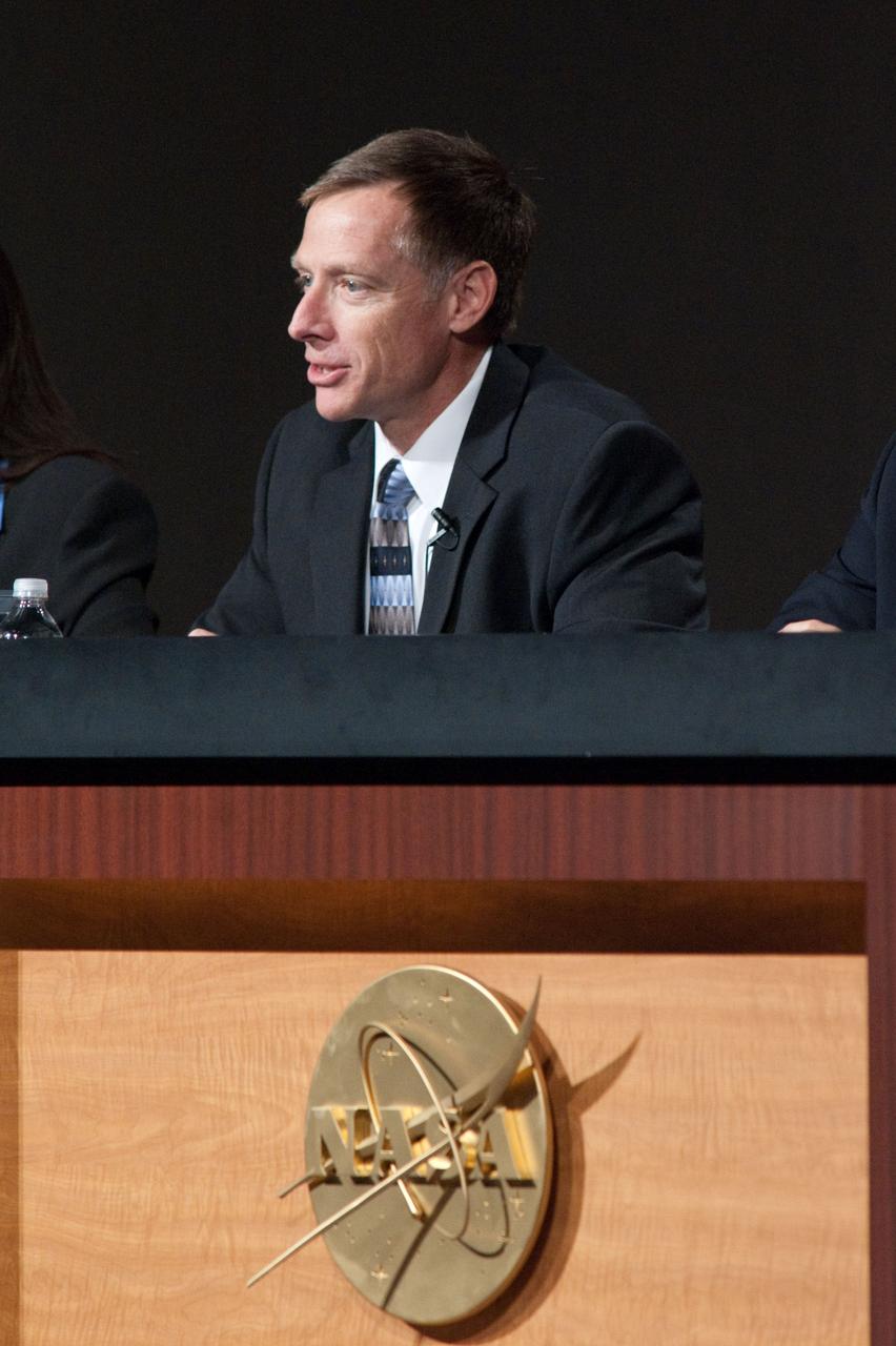 JSC2011-E-060413 (30 June 2011) --- NASA astronaut Chris Ferguson, STS-135 commander, responds to a question from a reporter during a preflight press conference at NASA's Johnson Space Center. Photo credit: NASA
