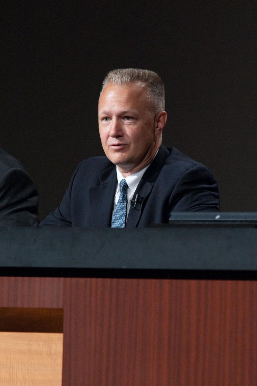 JSC2011-E-060414 (30 June 2011) --- NASA astronaut Doug Hurley, STS-135 pilot, fields a question from a reporter during a preflight press conference at NASA's Johnson Space Center. Photo credit: NASA