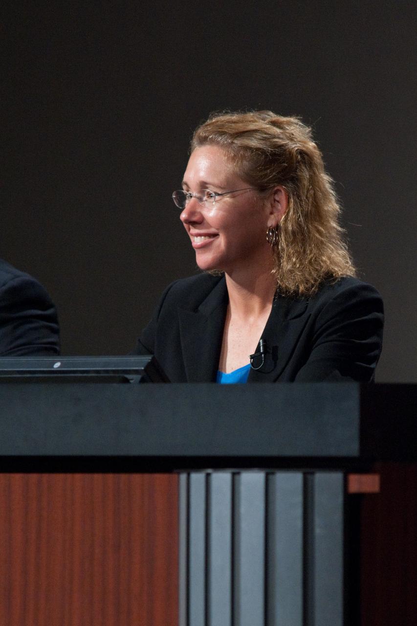 JSC2011-E-060415 (30 June 2011) --- NASA astronaut Sandy Magnus, STS-135 mission specialist, responds to a question from a reporter during a preflight press conference at NASA's Johnson Space Center. Photo credit: NASA