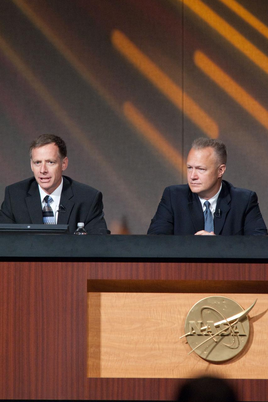 JSC2011-E-060417 (30 June 2011) --- NASA astronauts Chris Ferguson (left), STS-135 commander; and Doug Hurley, pilot, are pictured during a preflight press conference at NASA's Johnson Space Center. Photo credit: NASA