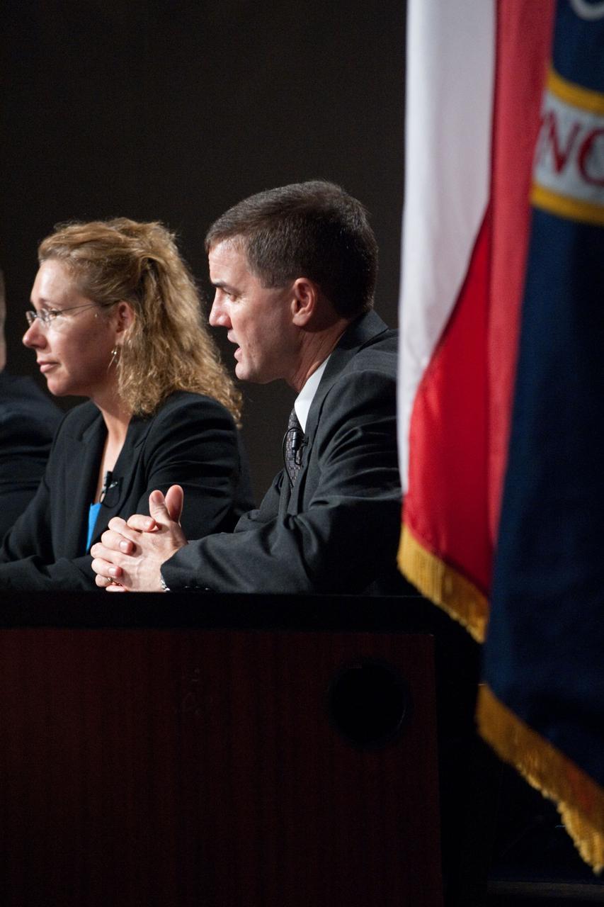 JSC2011-E-060422 (30 June 2011) --- NASA astronauts Sandy Magnus and Rex Walheim, both STS-135 mission specialists, are pictured during a preflight press conference at NASA's Johnson Space Center. Photo credit: NASA