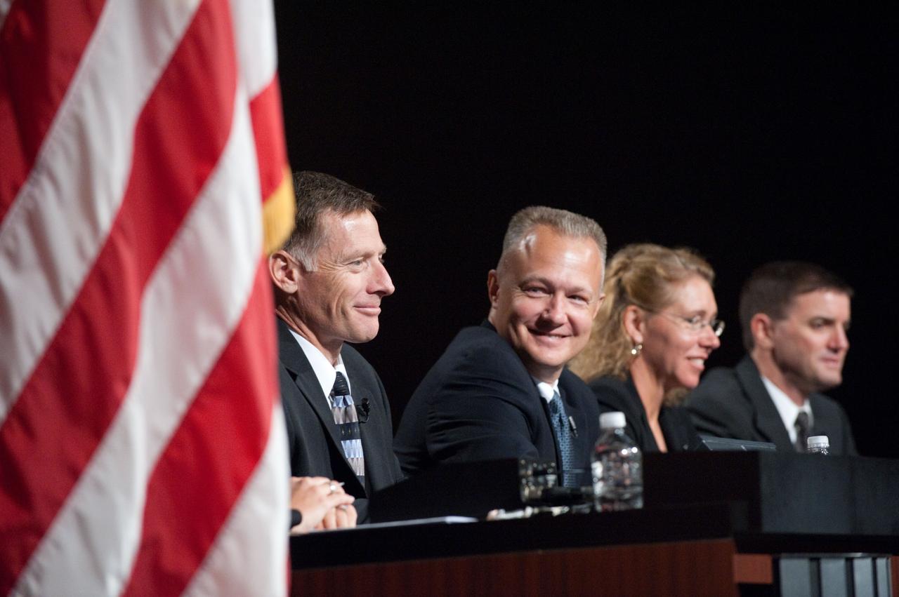 JSC2011-E-060425 (30 June 2011) --- The STS-135 crew members are pictured during a preflight press conference at NASA's Johnson Space Center. From the left are NASA astronauts Chris Ferguson, commander; Doug Hurley, pilot; Sandy Magnus and Rex Walheim, both mission specialists. Photo credit: NASA