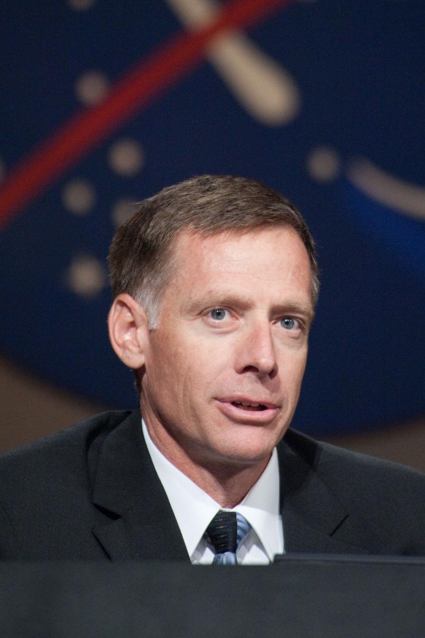 JSC2011-E-060439 (30 June 2011) --- NASA astronaut Chris Ferguson, STS-135 commander, responds to a question from a reporter during a preflight press conference at NASA's Johnson Space Center. Photo credit: NASA