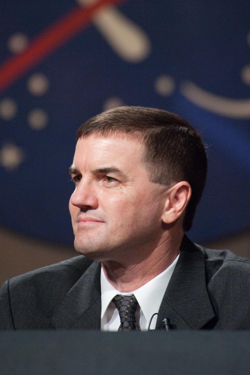 JSC2011-E-060448 (30 June 2011) --- NASA astronaut Rex Walheim, STS-135 mission specialist, fields a question from a reporter during a preflight press conference at NASA's Johnson Space Center. Photo credit: NASA
