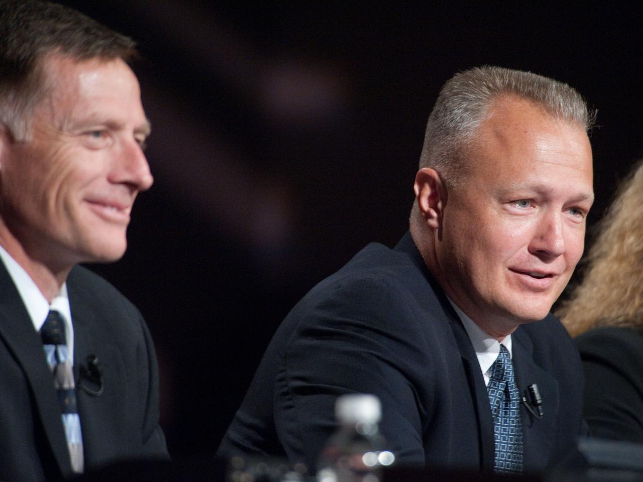 JSC2011-E-060451 (30 June 2011) --- NASA astronauts Chris Ferguson (left), STS-135 commander; and Doug Hurley, pilot, are pictured during a preflight press conference at NASA's Johnson Space Center. Photo credit: NASA