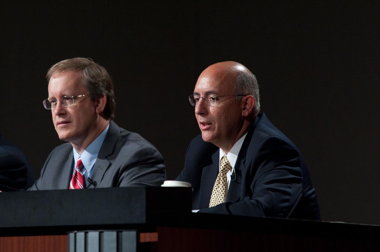 JSC2011-E-060708 (30 June 2011) --- Space Shuttle Program Manager John Shannon (left) and International Space Station Program Manager Michael Suffredini are pictured during a space shuttle and space station program overview press conference at NASA's Johnson Space Center. Photo credit: NASA