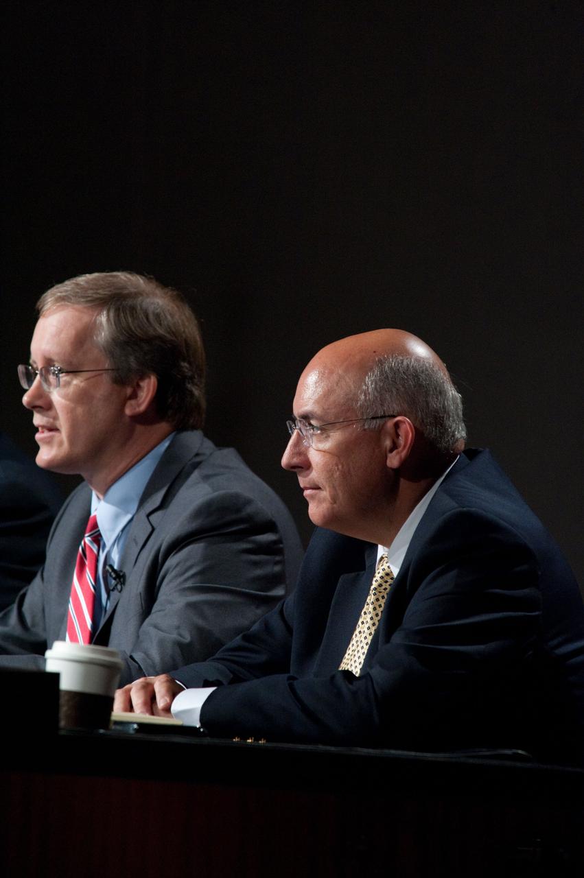 JSC2011-E-060712 (30 June 2011) --- Space Shuttle Program Manager John Shannon (left) and International Space Station Program Manager Michael Suffredini are pictured during a space shuttle and space station program overview press conference at NASA's Johnson Space Center. Photo credit: NASA