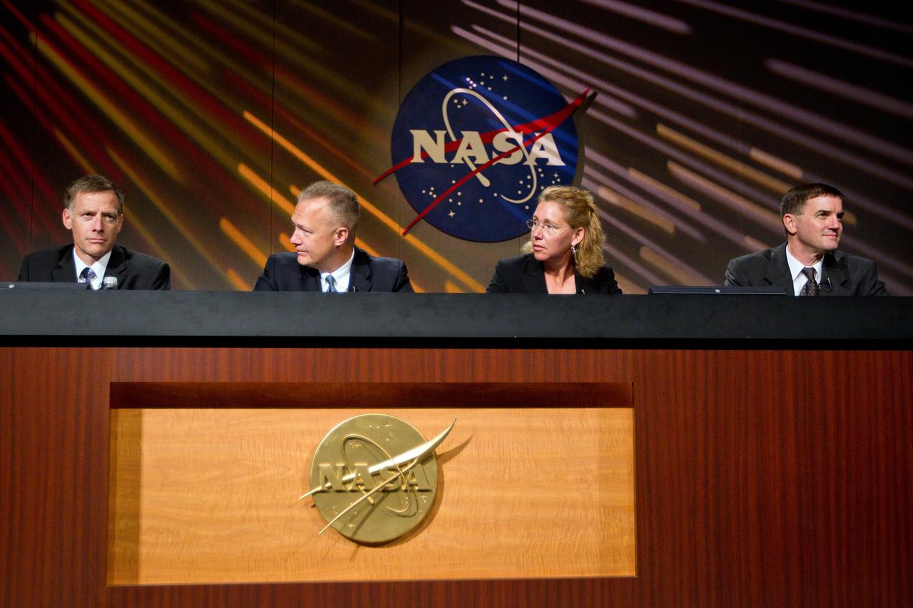 JSC2011-E-060797 (30 June 2011) --- Commander Chris Ferguson, pilot Doug Hurley, mission specialist Sandy Magnus and mission specialist Rex Walheim participate in the STS-135 crew media briefing at NASA?s Johnson Space Center June 30, 2011. The press conference provided the last scheduled opportunity for a large group of press to speak with the crew before the final launch on July 8. Photo credit: NASA Photo/Houston Chronicle, Smiley N. Pool