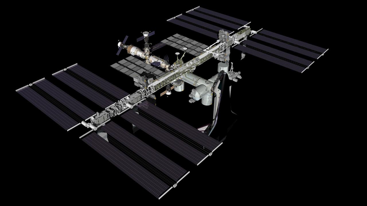 JSC2011-E-061555 (July 2011) --- Computer-generated artist?s rendering of the International Space Station as of July 10, 2011. STS-135 space shuttle Atlantis docks to the space station, bringing supplies on the Raffaello multi-purpose logistics module (MPLM). Progress 43 is linked to the aft port of the Zvezda Service Module. Soyuz 27 (TMA-02M) is docked to the Rassvet Mini-Research Module 1 (MRM1). Progress 42 is attached to the Pirs Docking Compartment and Soyuz 26 (TMA-21) is docked to the Poisk Mini-Research Module 2 (MRM2). Photo credit: NASA
