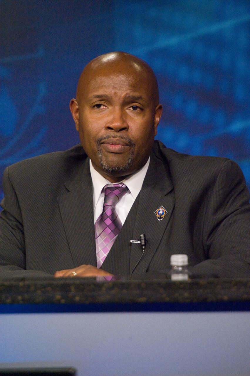 JSC2011-E-065989 (10 July 2011) --- STS-135 lead flight director Kwatsi Alibaruho is pictured during a flight day three mission status briefing at NASA's Johnson Space Center. Photo credit: NASA